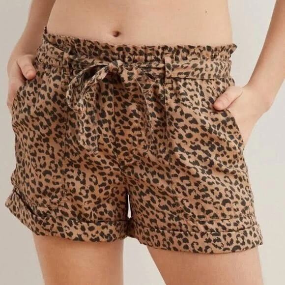 Aerie Tan Leopard Print Camp Paper Waist Lyocell Pull-on Summer Beach Shorts S - Picture 1 of 8